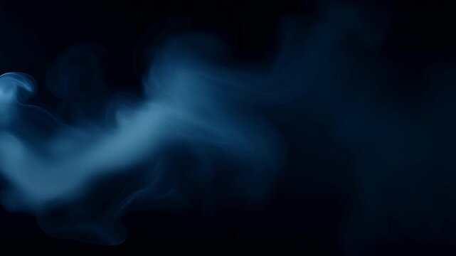 Abstract photorealistic steam drifting horizontally from left to right across a pure black studio background, long delicate vapor ribbons, layered translucent white wisps, graceful continuous movement