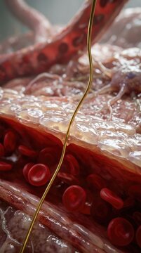 Surgical golden microwire electrode interfacing with neural tissue, wrapping along a vascular capillary lumen with flowing red blood cell, demonstrating raw clinical neurotechnology implantation.