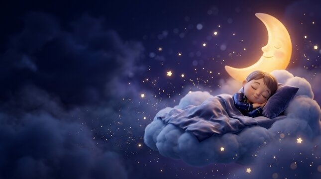 A cute little child sleeping peacefully on a fluffy cloud in the starry night sky with a smiling crescent moon.