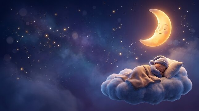 A cute baby sleeping peacefully on a soft cloud in the starry night sky with a smiling crescent moon.