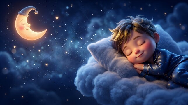 A cute little boy sleeping peacefully on a fluffy cloud in the starry night sky with a smiling moon.
