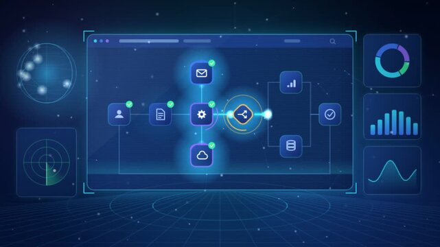 Futuristic digital interface displaying glowing flowchart workflow nodes and analytical charts in deep blue cyberspace