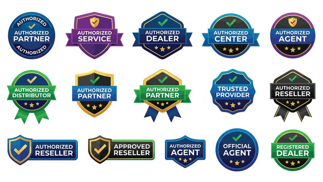 Authorized partner dealer and reseller badges with golden stars and blue green ribbons