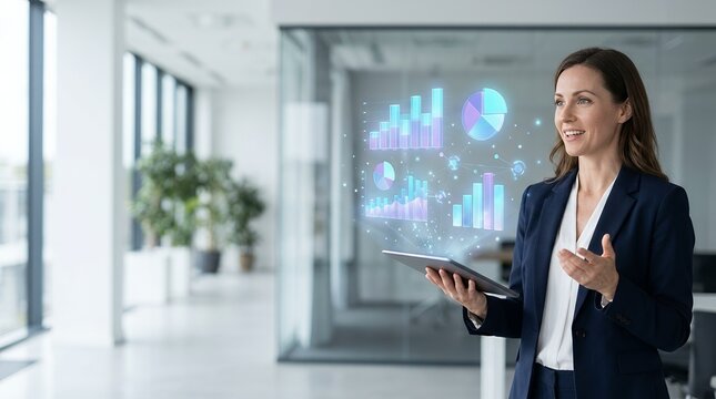 Professional businesswoman holding a digital tablet with holographic financial data charts in a modern corporate office.