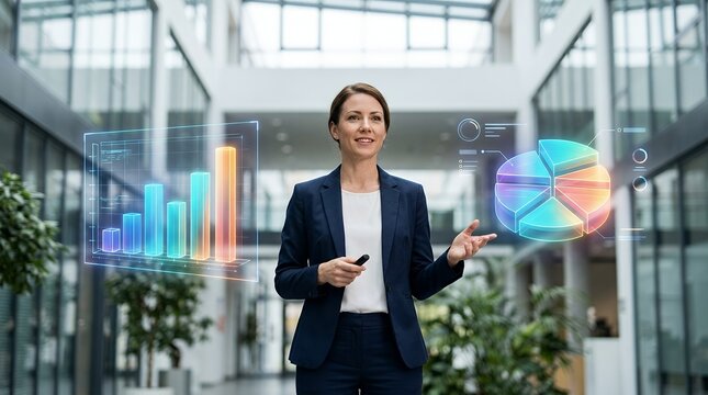 Professional businesswoman presenting financial data using futuristic holographic charts in a modern corporate office.