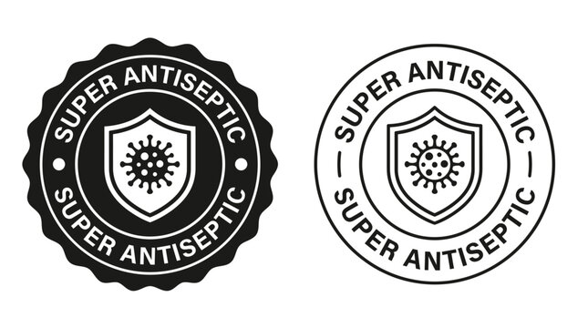 Super antiseptic vector graphic badges featuring protective shield icons against dangerous bacterial viral infections