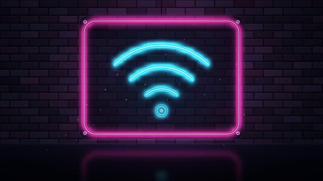 Glowing blue wifi symbol inside pink neon frame mounted on dark brick wall background