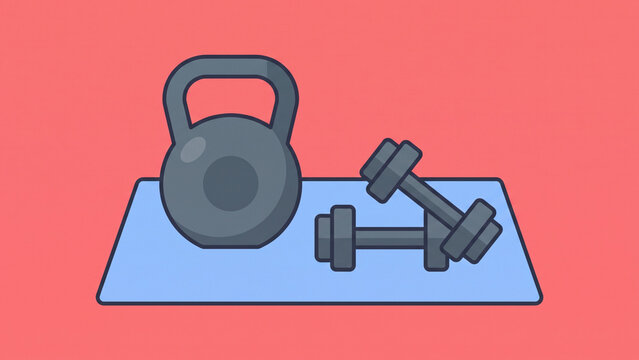 Clean flat vector illustration of kettlebell and dumbbells for gym fitness