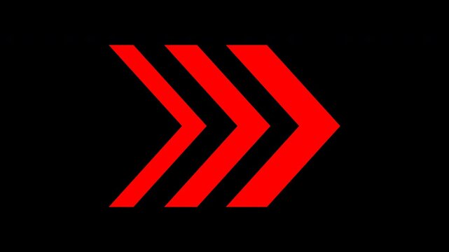 Three red chevron arrows pulse in staggered sequence across a transparent canvas, illustrating forward flow and directional movement, high quality video footage, navigation, motion, graphic