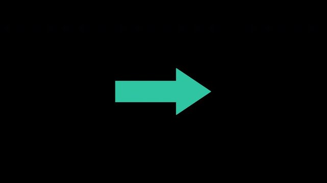 Teal block arrow gently scales up and brightens before returning to its starting size, bold minimalist directional graphic, high quality video footage, navigation, transition, design, block