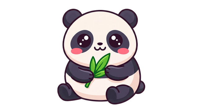 Cute kawaii panda bear character holding bamboo leaves, sitting smiling happy face, funny cartoon animal mascot, isolated vector illustration.