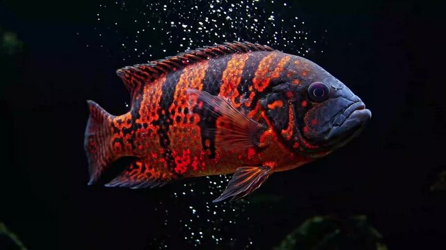 Beautiful red and black patterned cichlid fish swimming in a dark aquarium with air bubbles