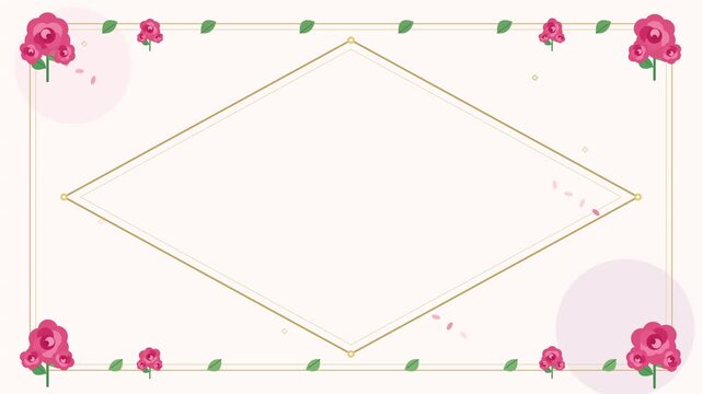 Elegant pink rose floral frame with gold border for animation 4k background