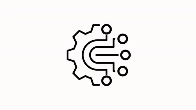 Ai technology icon animation. Animated line half cogwheel with digital data streaming. Artificial intelligence. Loop 4K video with alpha channel, transparent background. Outline motion graphic