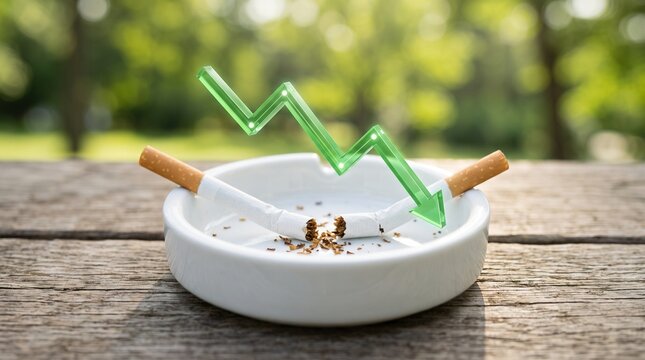 Health decline symbol with broken cigarette in ashtray symbolizing quitting smoking trend