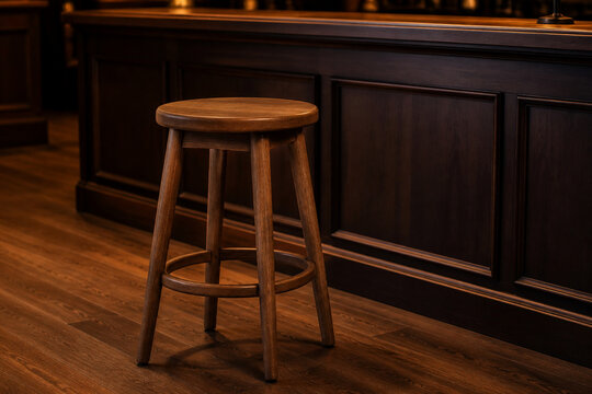 Wooden barstool in front of dark bar counter in empty room, hospitality and interior concept