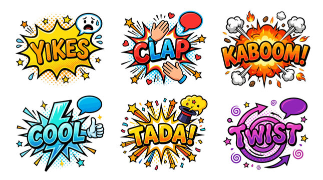 Comic expression stickers featuring yikes, clap, and tada words.