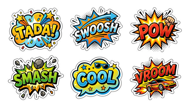 Action packed comic book sound stickers featuring pow and vroom.