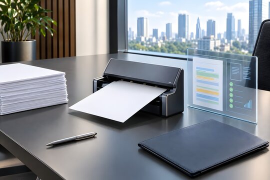 Office printer with paper on desk near city view window