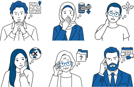 Set of diverse people thinking about problems, decisions, and deadlines. Line art avatar collection of stressed men and women isolated on transparent background.