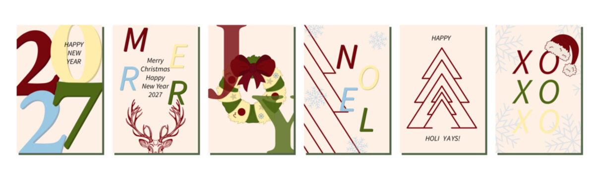 Merry Christmas and Happy New Year 2027 Greeting Card Template Set with Reindeer Wreath and Santa Hat