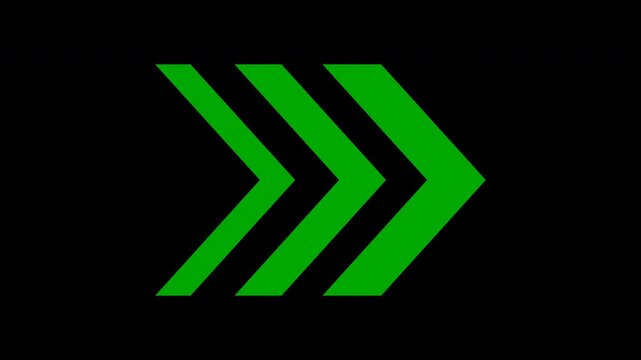 Three green chevron arrows brighten in a staggered repeating sequence, creating a rhythmic forward-flow motion graphic on transparency, high quality video footage for navigation and interface design