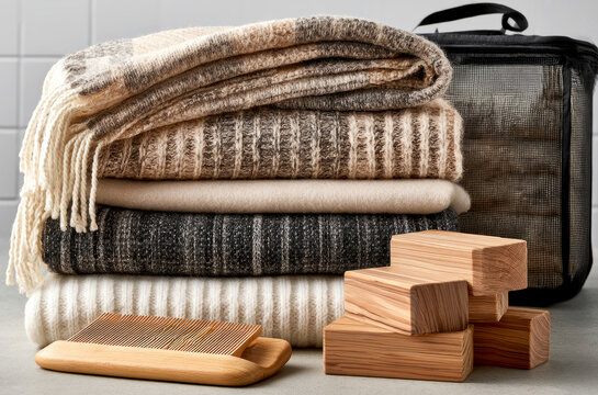 Folded Wool Blankets with Sweater Comb and Cedar Blocks for Home Textile Care with Minimal Product Presentation
