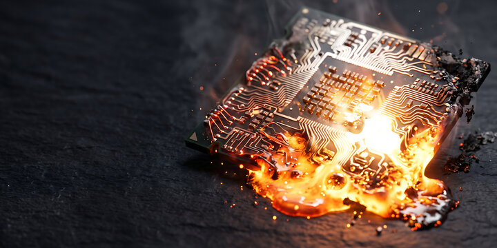 Electronic microchip melting under intense heat with bright orange molten lava flowing over circuit board signifies hardware failure and overheating.