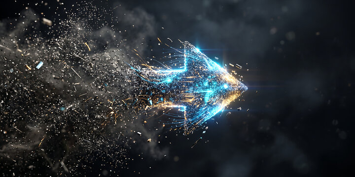 Abstract digital arrow composed of glowing blue and gold particles soaring through dark space represents rapid technological progress and innovation.