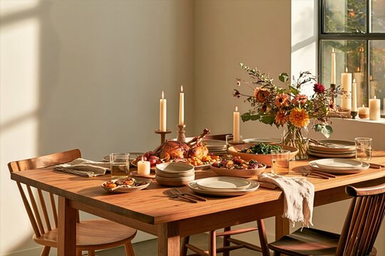 Thanksgiving potluck dinner table with roast turkey and autumn centerpiece