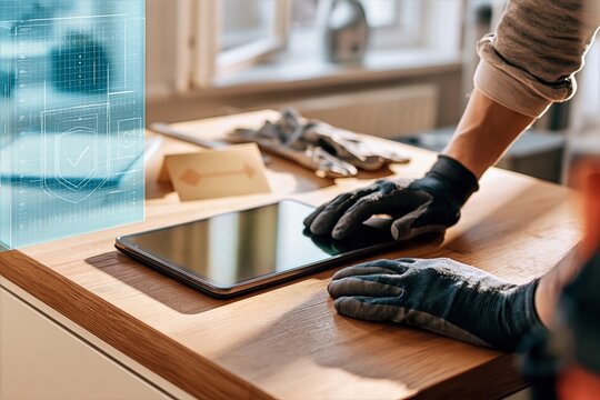 Gloved Technician Using Tablet for Property Maintenance Inspection