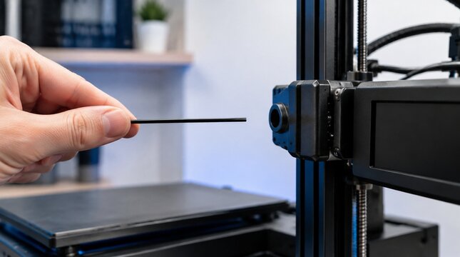 Mano alineando filamento frente a una impresora 3D