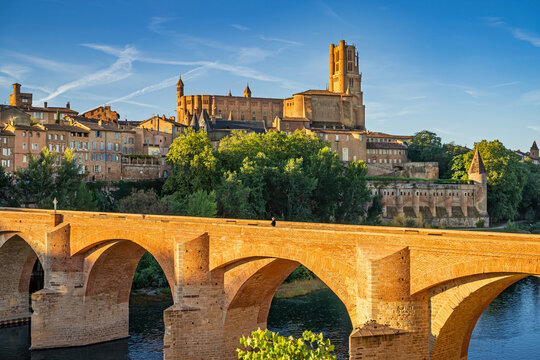 Albi, France - Albi featuring the Sainte-C&eacute;cile cathedral and the Pont Vieux (old bridge) over the river Tarn in the Occitanie region of France.