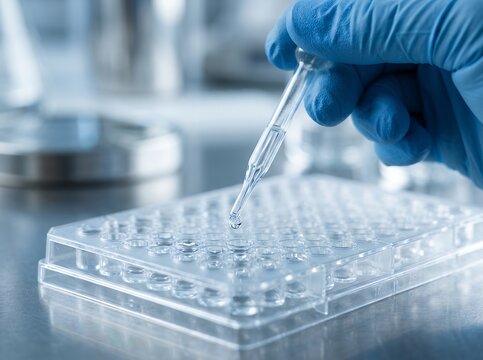 Scientist in blue gloves uses a pipette to add liquid to a microplate in a laboratory setting.