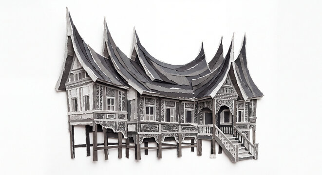 Traditional Indonesian Rumah Gadang House Ripped Paper Craft Illustration Isolated on White Background, Monochrome Torn Paper Heritage Architecture