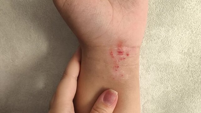 Close-up of irritated skin on the wrist with scratches and small bleeding lesions caused by intense itching associated with atopic dermatitis. Dermatological skin condition and inflammation.