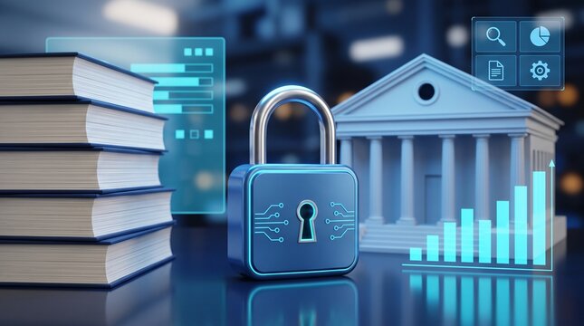 Legal Data Security and Regulatory Compliance with Digital Padlock, Law Books, Institutional Building and Financial Reporting Analytics