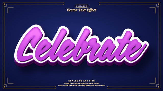 Purple script celebrate lettering with white outline and 3d depth on navy blue gold frame, vector text effect