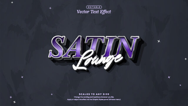 Glossy 3d illustration satin lounge 3d text effect in purple metallic serif with white script and silver outline on dark background