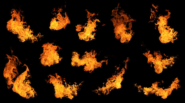 Collection of orange fire flames in various shapes on a black background, featuring realistic fire textures and glowing details for dramatic overlays, action scenes, video effects, and graphic design.