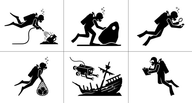 Scuba diver silhouettes set with archaeological research, artifact collection and shipwreck exploration