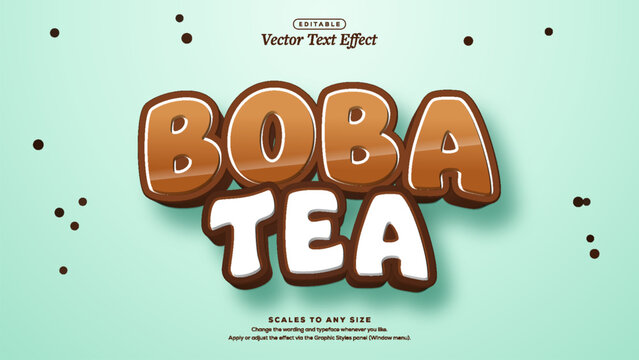 Glossy 3d illustration boba tea glossy brown and white bubble lettering with scattered dark brown dots on mint green, vector text effect
