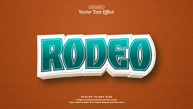 Teal rodeo 3d lettering with white extruded outline and drop shadow on textured orange background, vector text effect