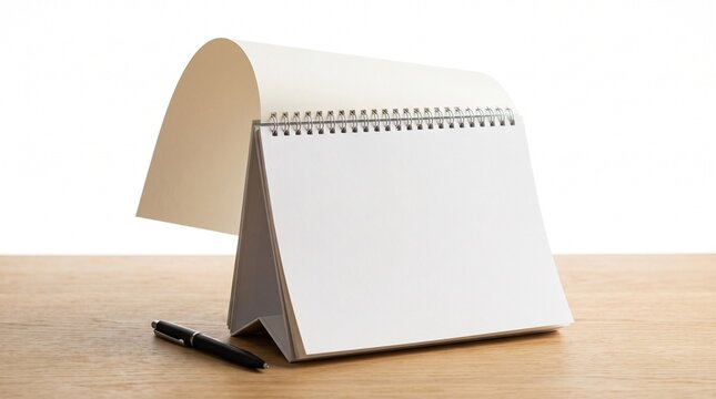 Blank Desk Calendar and Pen on Wooden Table