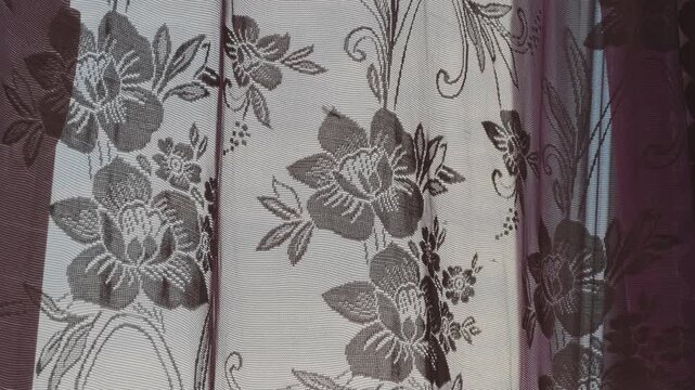 Sheer lace curtain with embroidered flower patterns gently hanging near window, filtering soft daylight indoors