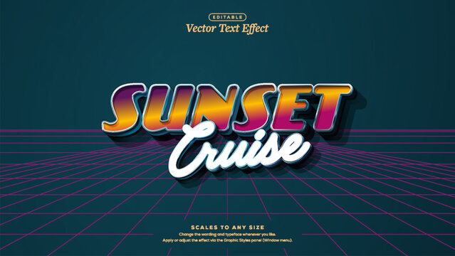 Sunset cruise retro vector text effect with orange magenta gradient letters and white script over teal perspective grid
