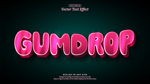 Glossy 3d illustration gumdrop pink glossy bubble lettering text effect with white outline and crimson extrusion on dark teal background