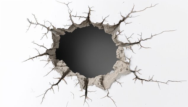 A circular hole with cracked edges on a concrete wall, revealing depth and destruction.