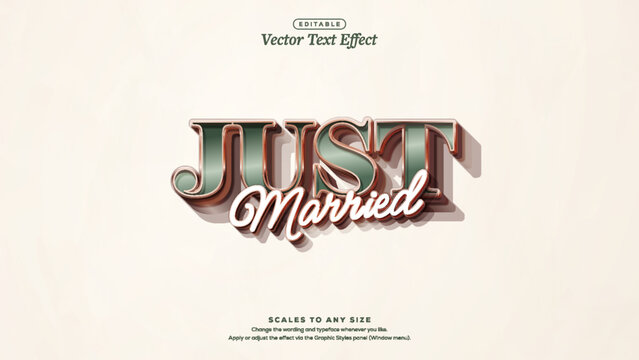 Glossy 3d illustration just married lettering in green serif capitals with white script and copper bevel outline, 3d text effect