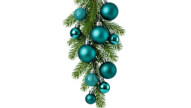 Teal Christmas ornaments hanging on a fir tree branch, isolated on transparent background